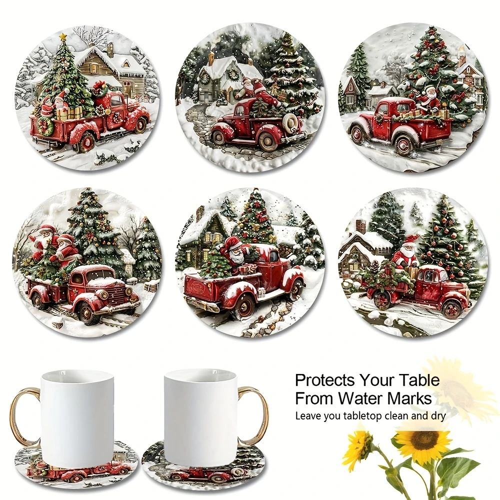 Weihnachtsmann Rotes Auto 2D Holz Runder Untersetzer Farbdruck Wärmedämmung Kaffeetasse Matte Home Tabletop Decora Weihnachtsgeschenk