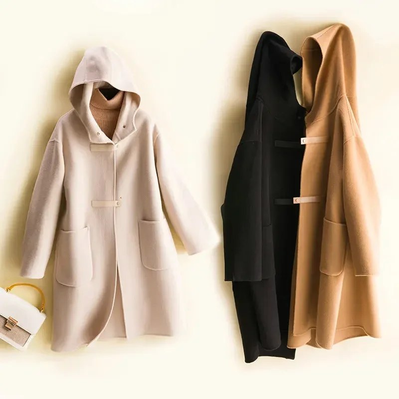 

Hooded trench coat women's medium and long double-sided cashmere coat autumn and winter loose large size small woolen coat