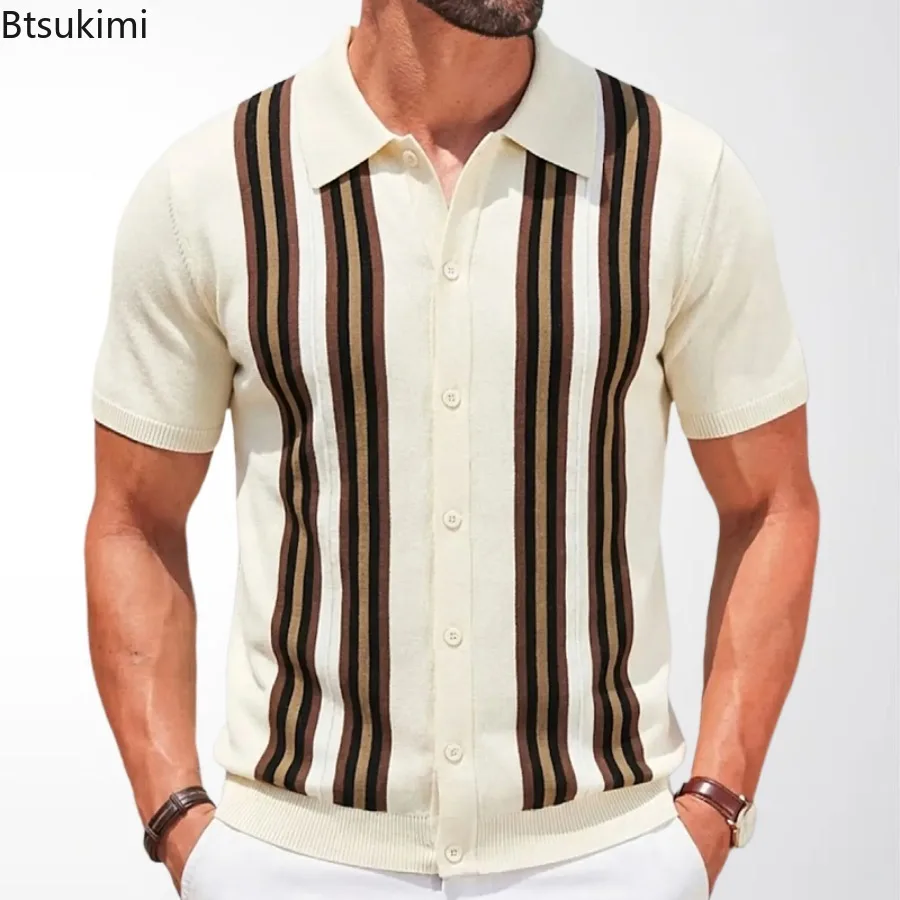 Polo de manga corta para hombre, cárdigan ajustado de punto para negocios, ropa de calle informal, Tops masculinos, primavera y verano, 2024