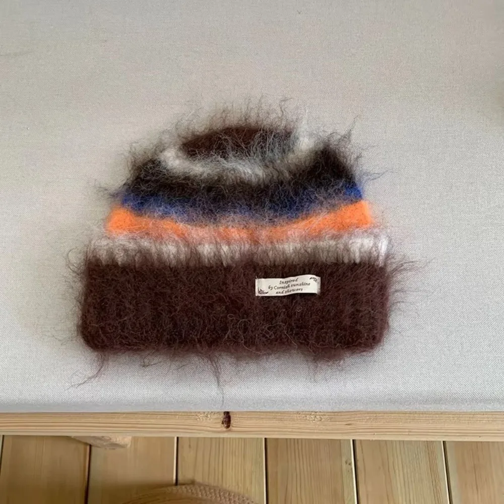 Comfortable Plush Striped Knitted Hat Warm Korean Style Mohair Gloves Rainbow Color Fleece Hat Gloves Set Cold Weather