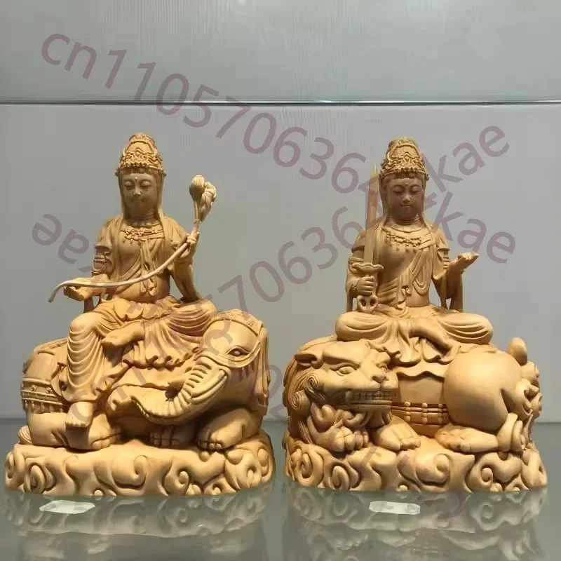 Hand Carved Hinoki Wood Manjushri on Lion Samantabhadra on Elephant Bodhisattva Statues Pair (Set of 2) - Spiritual Ornament