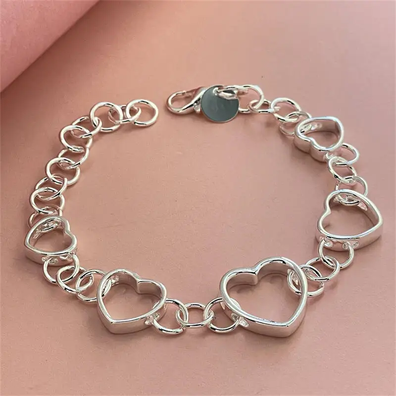 

925 Sterling Silver Full Heart Bracelet For Woman Fashion Wedding Engagement Party Jewelry