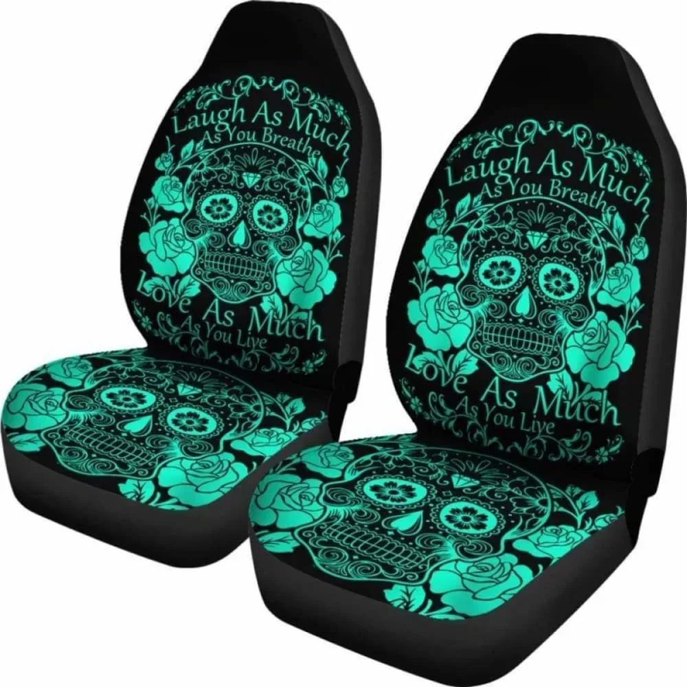 Set Of 2 Sugar Skull Seat Covers Laugh As Much As You Breath,Pack of 2 Universal Front Seat Protective Cover