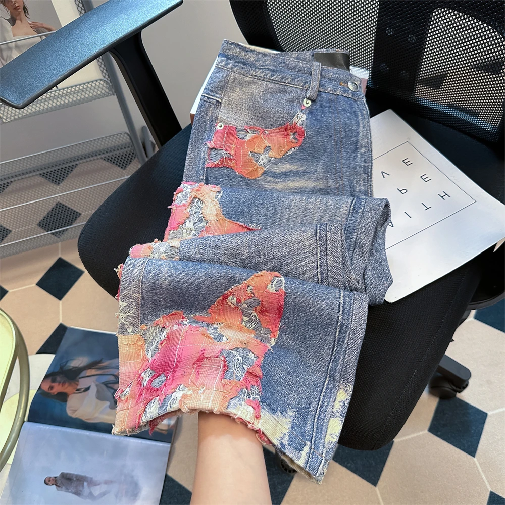 

Retro American Hiphop Ripped Patchwork Wide Leg Denim Jeans High Street Hip Hop Straight Leg Micro Flare Long Trousers