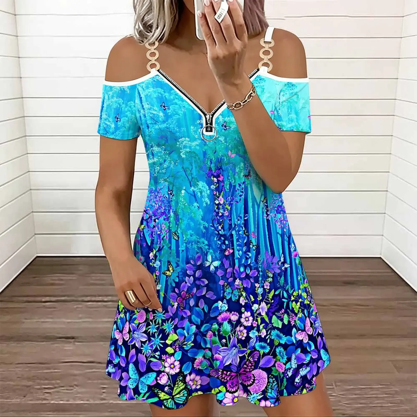 Ladies Spring Summer Cold‑shoulder Double Strap V‑neck Zipper Slim Dress  Sexy Slim Dress   Beach Vacation Outfit