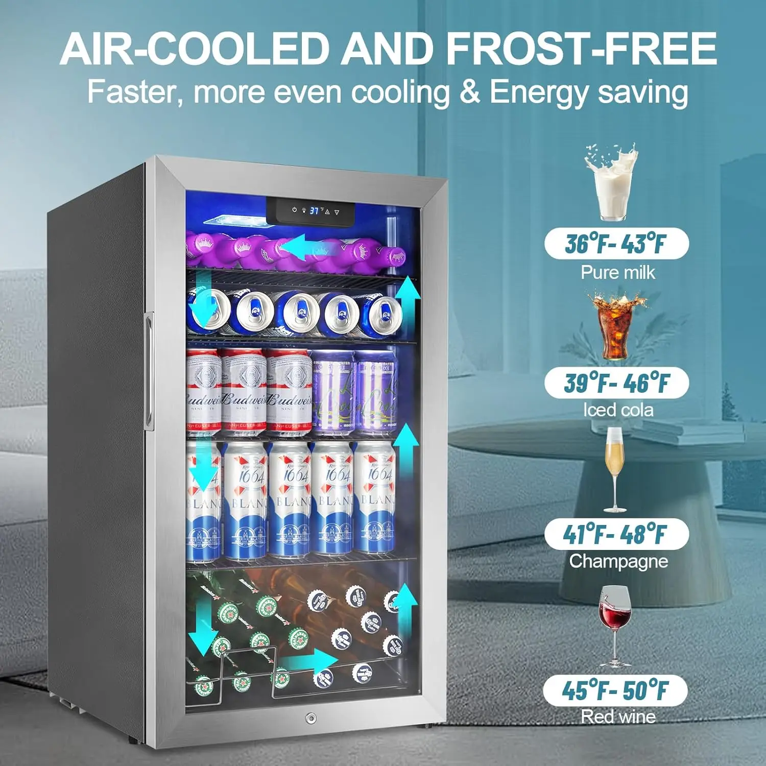 3.2 Cu.Ft 128 Cans Beverage Refrigerator Cooler Mini Drink Fridge Glass Door for Beer Soda Wine Beer Fridge Customized