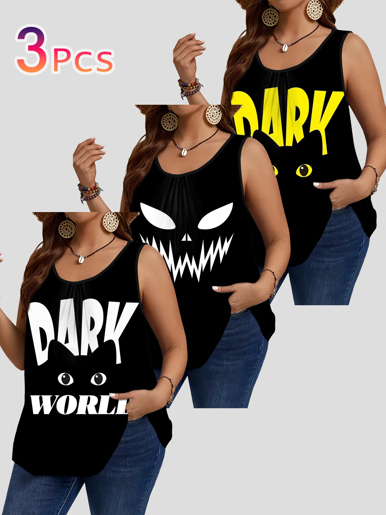 3-Piece Set of Plus-Size Sleeveless Vests｜Dark Style Black Cat Devil Fangs Letter Print Loose Fit Round Neck Casual Outerwear Top