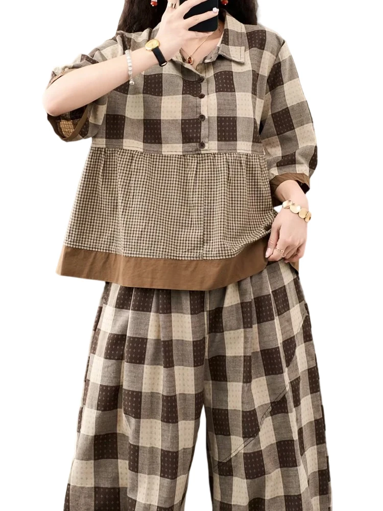 

Amax luluE Summer Womens Plaid 2 Pieces Sets Loose Tops Luxury Tees Casual Harem Pants Fashion Outfits Classic New Printed Suits