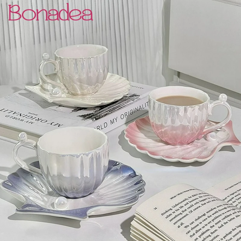 

Creative Pearl Shell Shaped Mug Korean Style Cute Ceramic Coffee Milk Cup Espresso Cup Set With Saucer Drinkware Water Cup