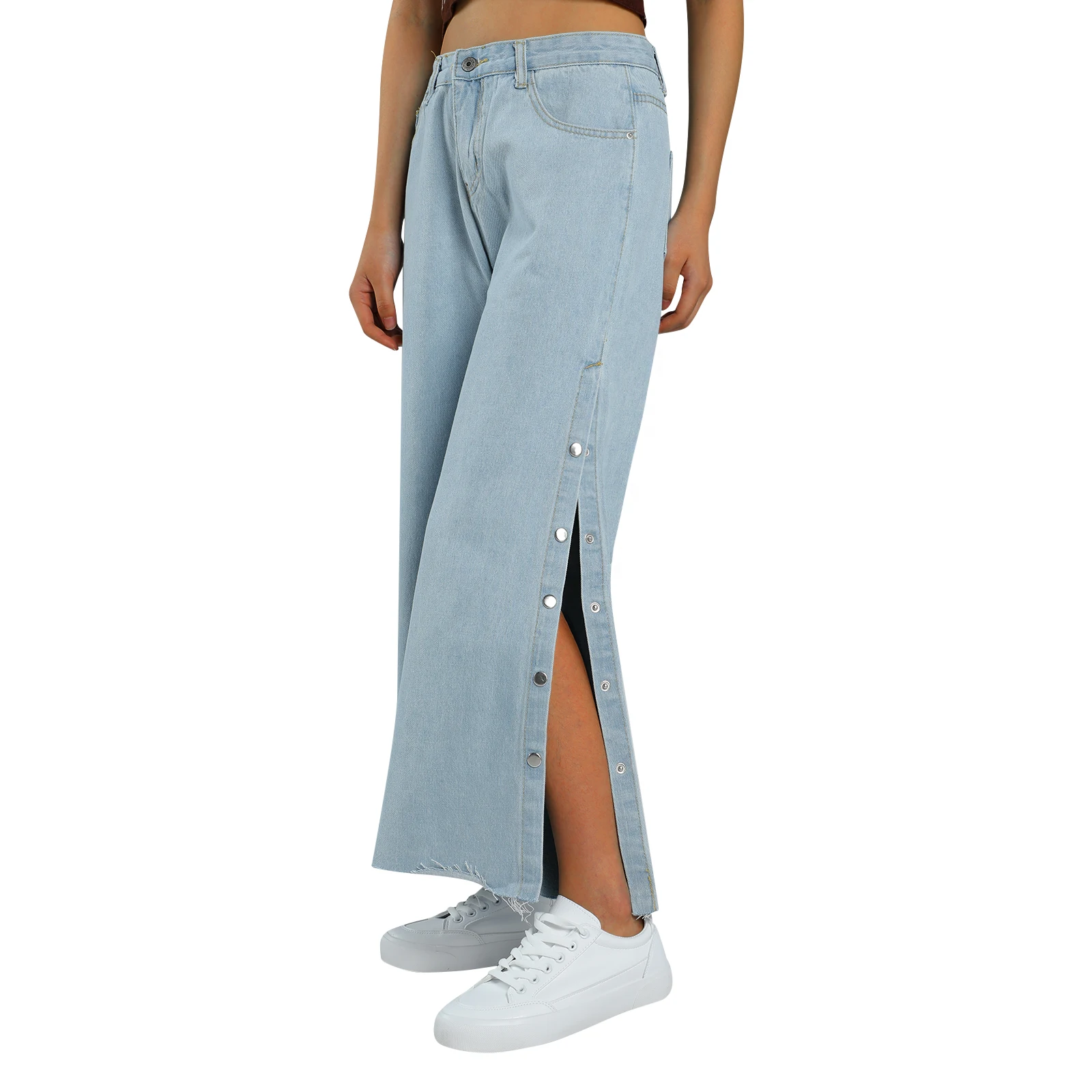 Women Side Split Short Jeans with Pockets Solid Color Loose Fit High Waist Denim Trousers