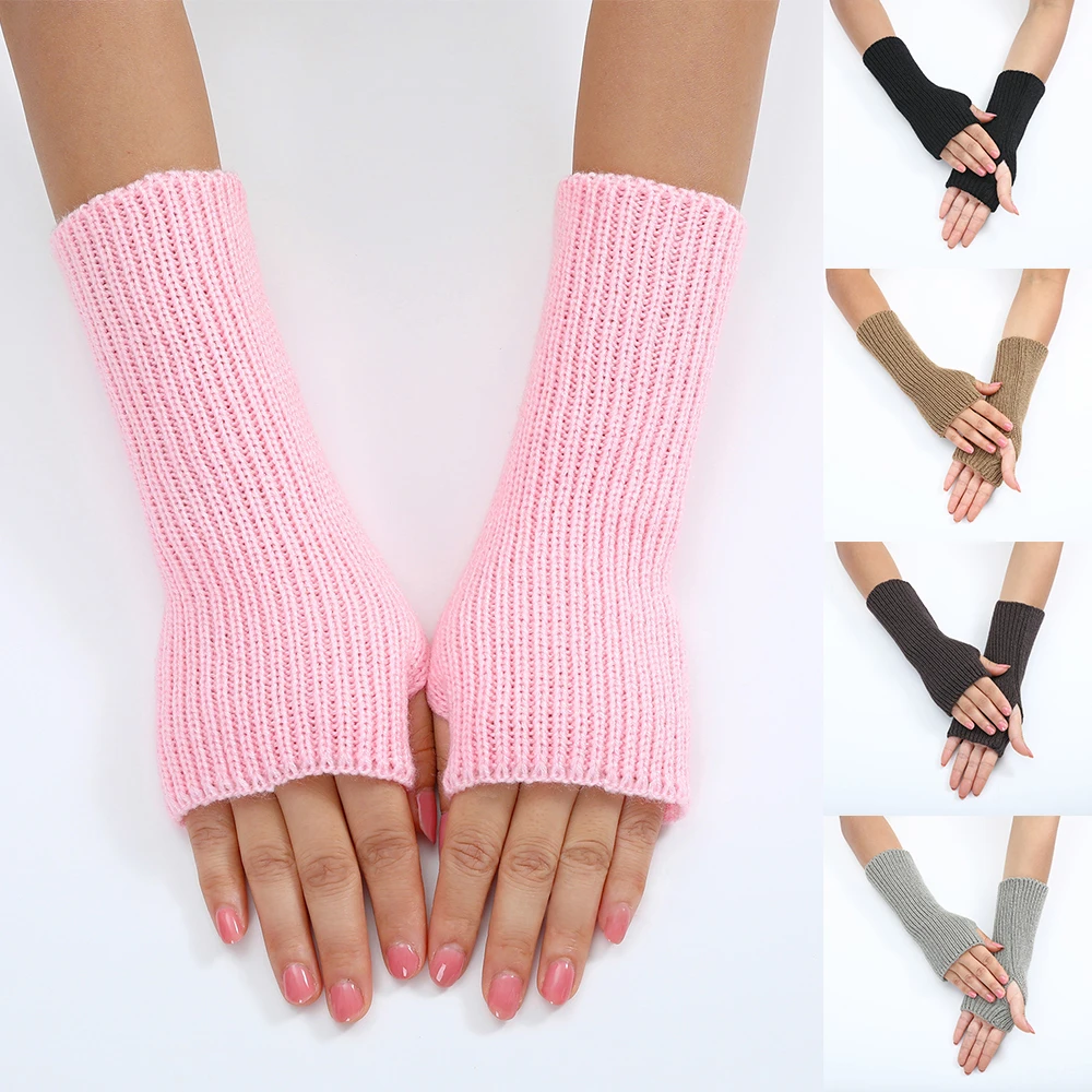 Knitted Fingerless Gloves For Women Solid Color Simply Half-finger Gloves Winter Warmer Mittens Casual Soft Crochet Mittens New