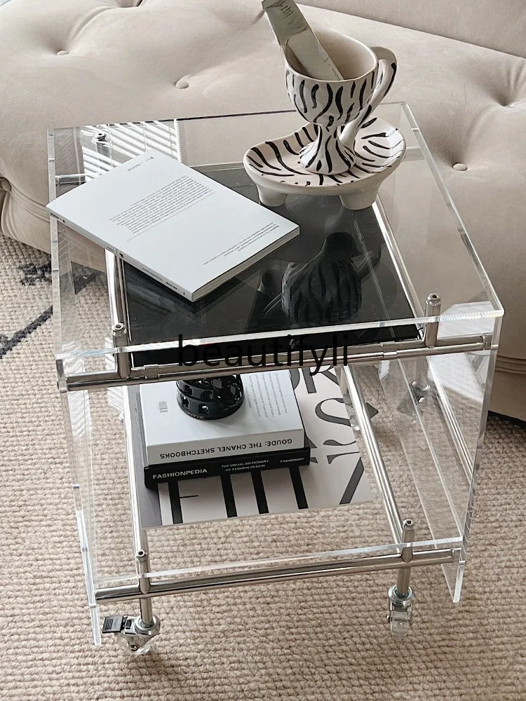 Acrylic trolley glass edge rack household simple mobile bedside table wine dining car