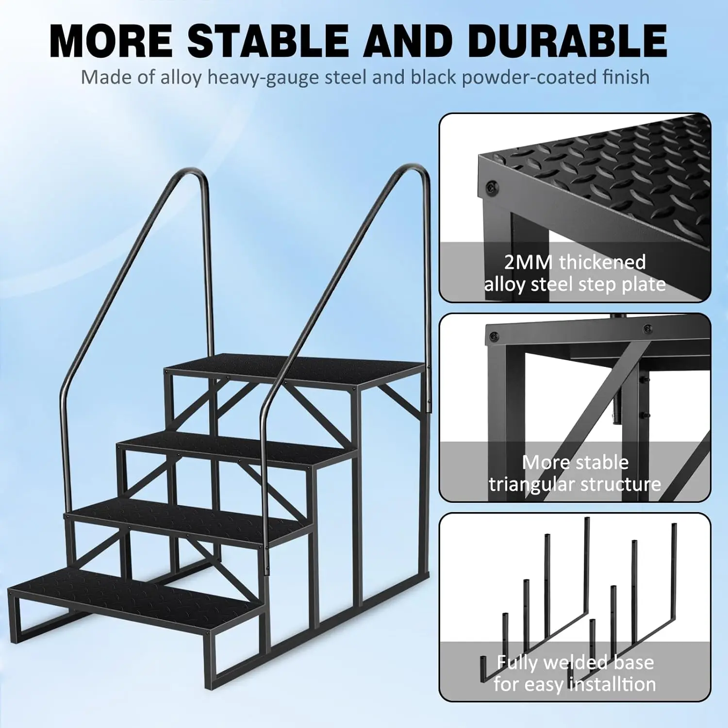 4 Step RV Steps with Handrail Heavy Duty Pool Step Hot Tub Steps 660 lbs Weight Capacity Camper Step Stool Mobile Home Stair