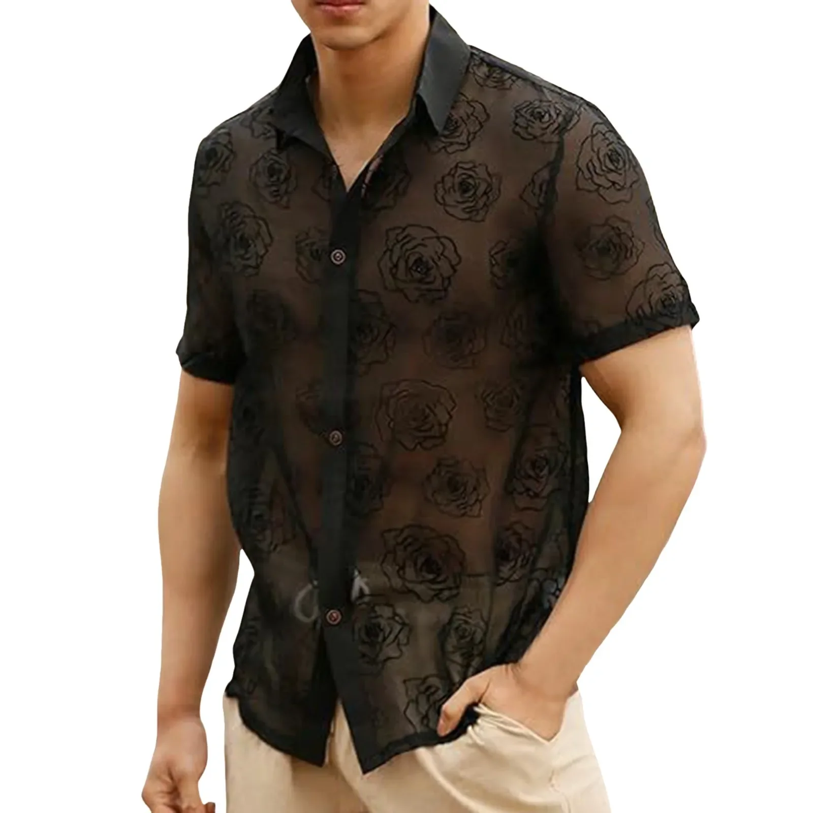 Men Mesh Shirt Lapel Short Sleeve Flower Sheer Sexy Shirts Streetwear Camisas Fashion Transparent Party Nightclub Shirts Tops