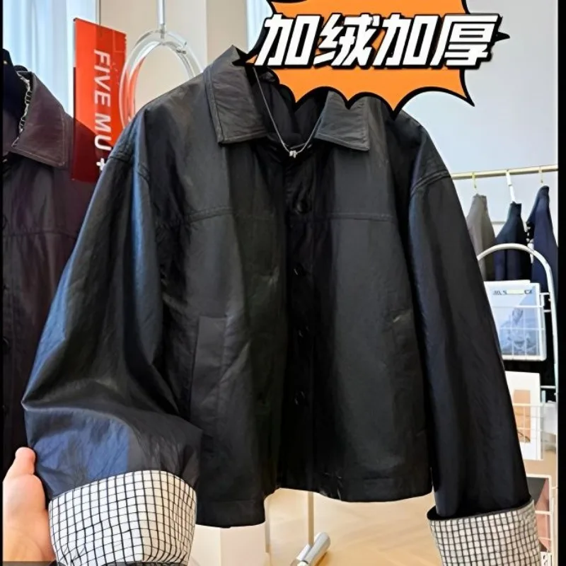 

Korean Casual Loose Lapel Leather Jacket For Women Autumn Winter Unique Super Soft PU Leather Coat Add Velvet Warm Outwear
