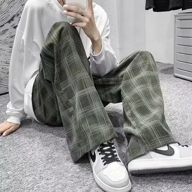 

Men Checkered Casual Pants Loose Straight Corduroy Pants Sweatpants Man Fashion Streetwear Spring New Hip Hop Trousers Y2k Kpop