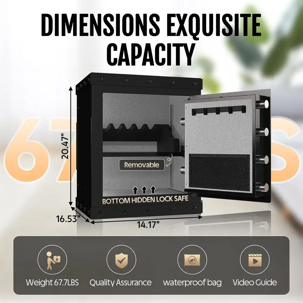 آمن منزلي عالي الجودة مقاوم للحريق مع وصول لبصمات الأصابع لتخزين المجوهرات الفاخرة والأسلحة النارية، بما في ذلك رف المسدس ومفتاح بإضاءة خلفية #3