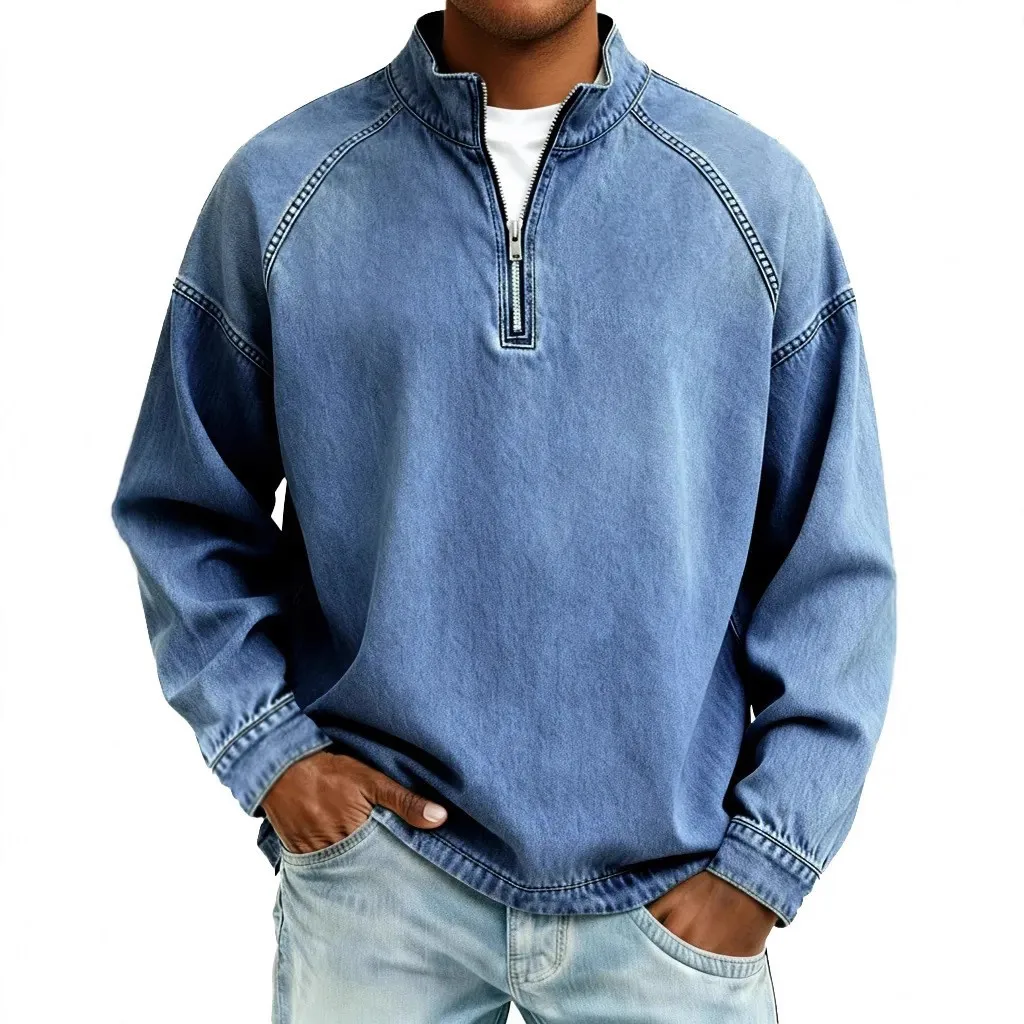 Top Jeans T Shirt Denim Top Solid Color Jean Top Loose Fit Oversized Fit Raglan Tee Half Zip Top Long Sleeve T-Shirt