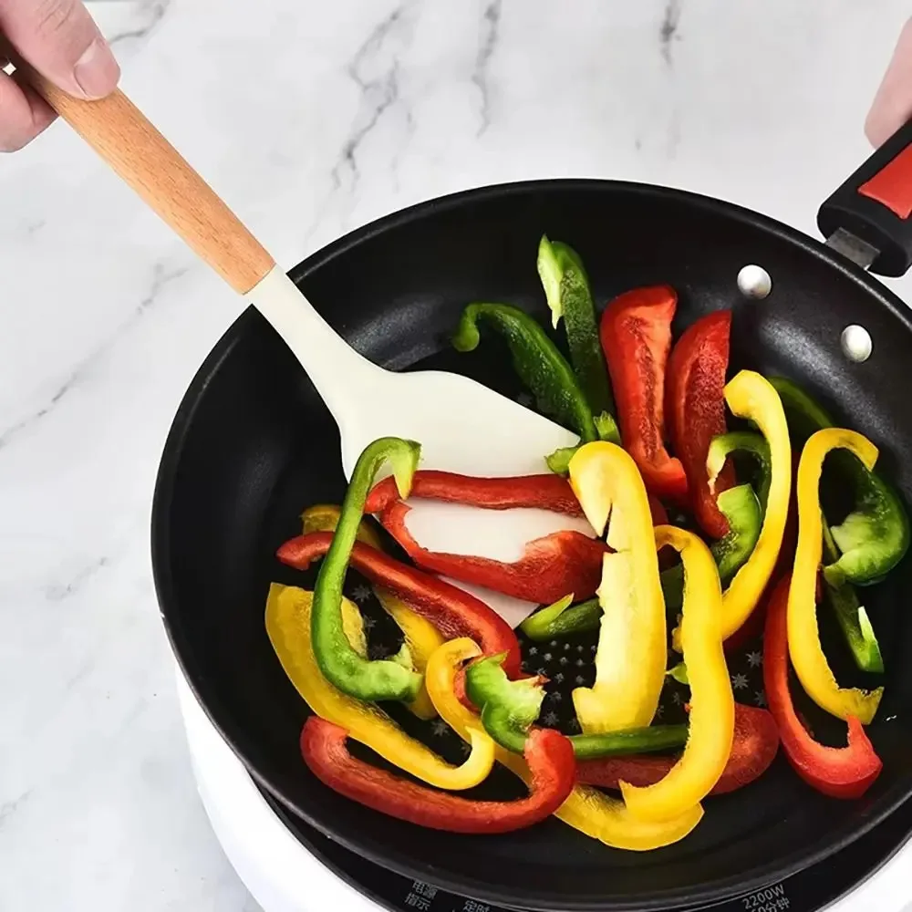 3 قطعة/المجموعة غير عصا ملعقة سيليكون Shove عدم الانزلاق مقاومة للحرارة الطبخ تيرنر ملعقة مصفاة مكافحة السمط مقبض خشبي #3