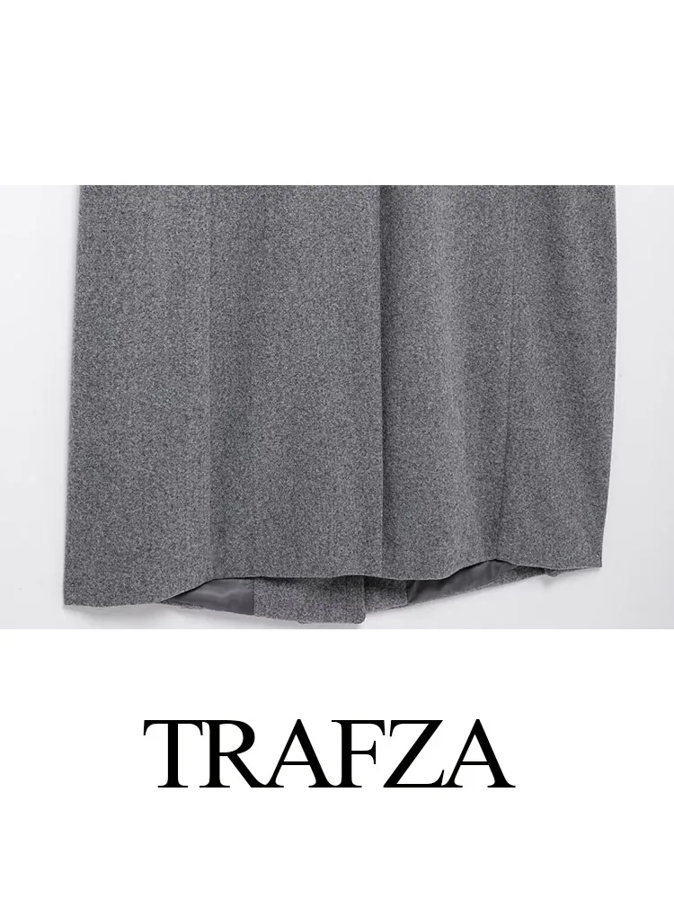 Trafza-女性用ダブルブレストコート、カジュアルコート、折り返し襟、長袖、ポケット装飾、女性のトレンディ、グレー、冬、2022