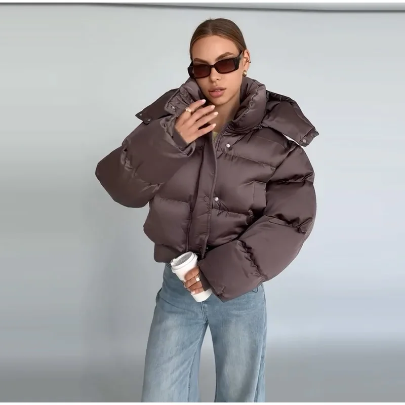  Fashion Solid Cropped Padded Coats Women Detachable Hood Zip Drawstring Hem Warm Jacket 2026 Winter New Lady Casual Outerwear