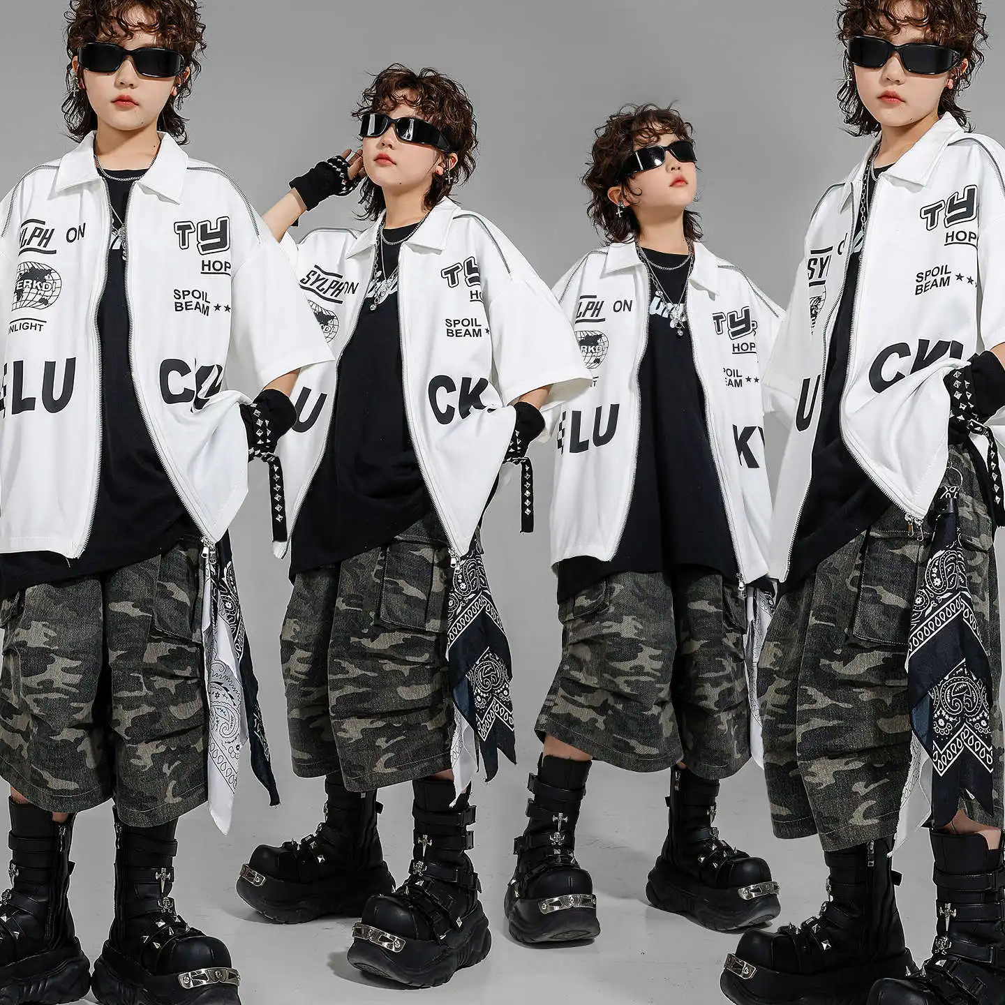 

Kid Kpop Hip Hop Clothing White Letter Zip up Shirt Camouflage Cargo Shorts Middle Pants for Girl Boy Jazz Dance Costume Clothes