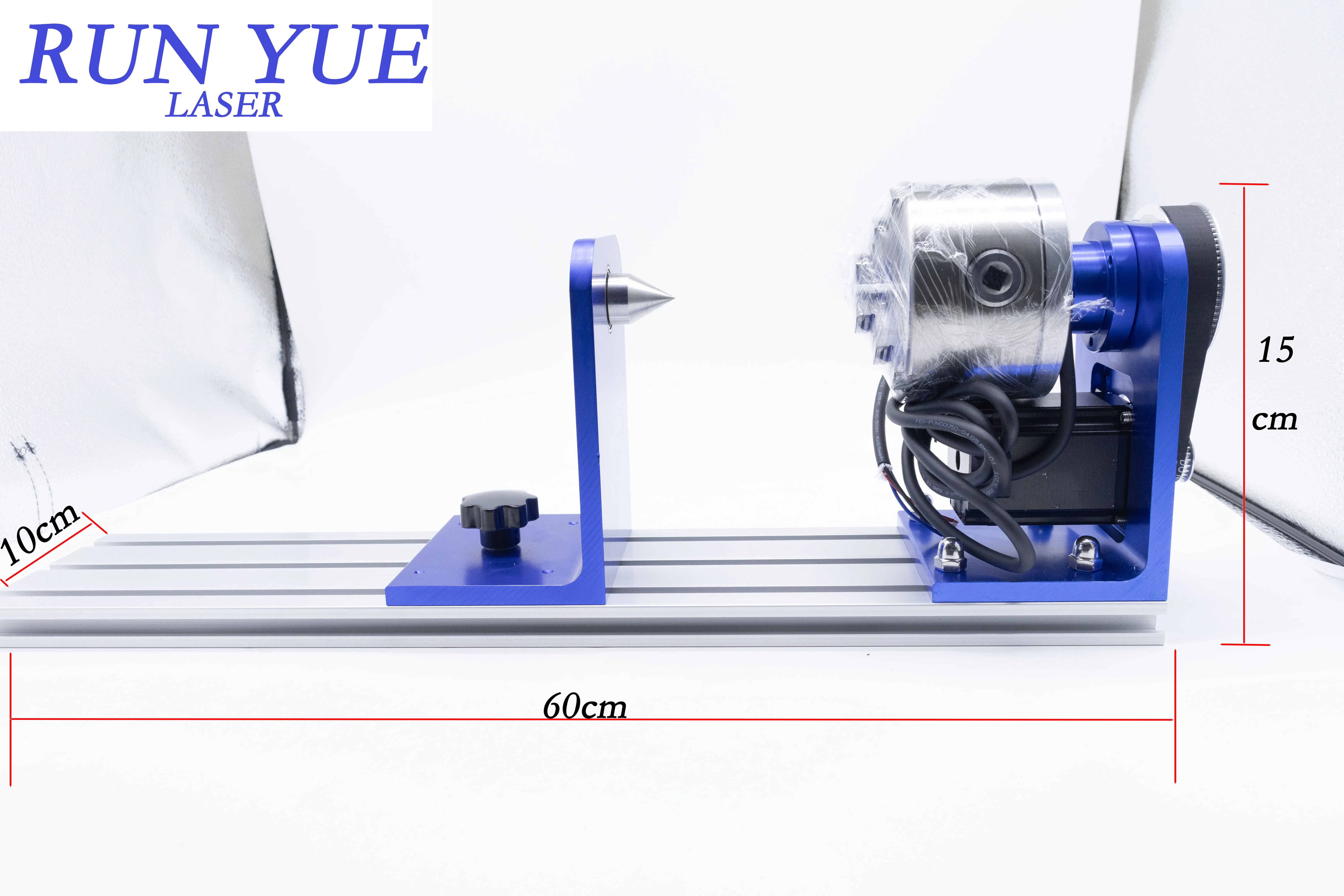 

Run Yue Blue Rotary Axis with 3-Jaw Chuck Free jiemeikang Driver ,Adjustable Tailstock for CNC Laser Engraving & Marking Machine