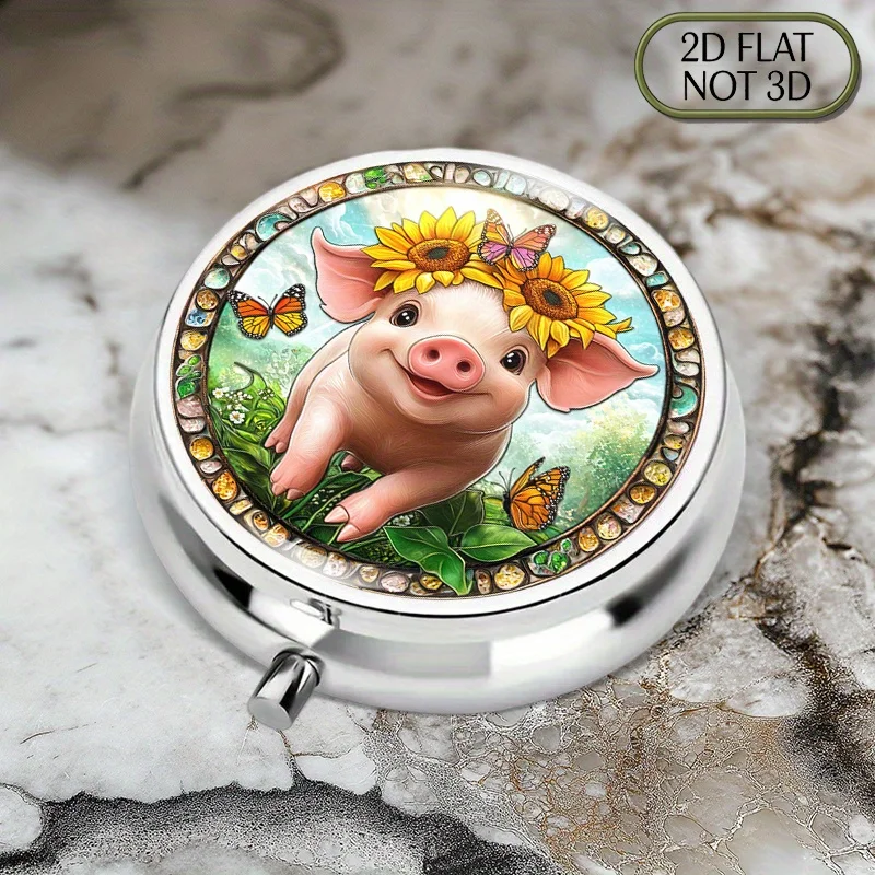 1 piece of cute piglet and floral design round metal pill box - portable, flat daily pill box with sunflower and butterfly designs, durable, suitable for food contact, ideal for travel and daily use, pill box suitable for Purs