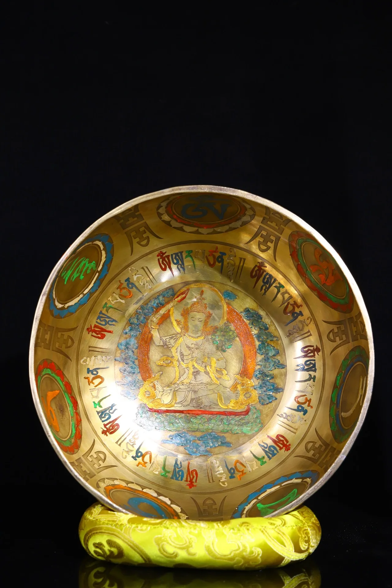 

9"Tibetan Temple Collection Old Bronze painted Manjushri Buddha sound bowl prayer bowl Buddhist utensils Town house Exorcism