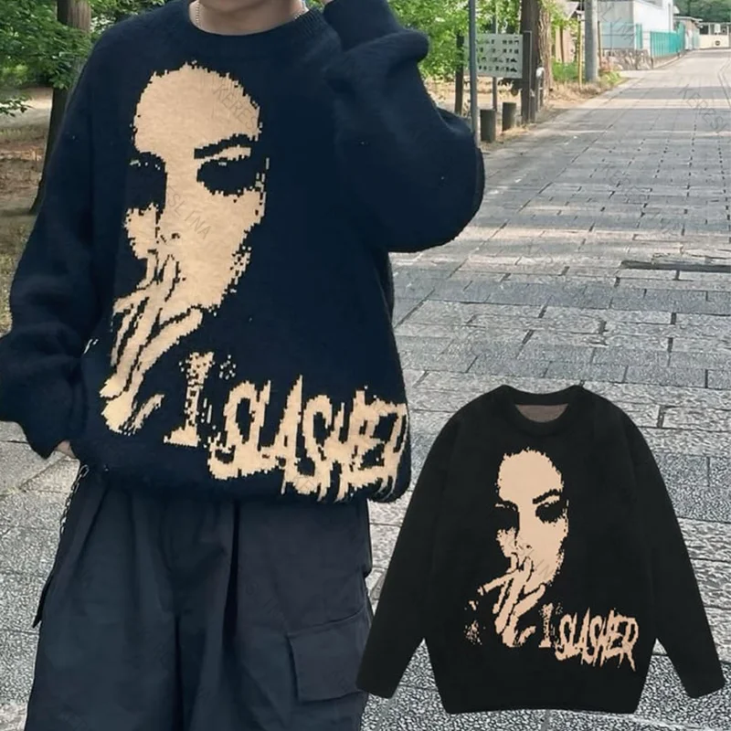 

Осенне-зимний готический Highstreet модный классический универсальный вязаный свитер уличная одежда вязаный свитер большого размера эмо