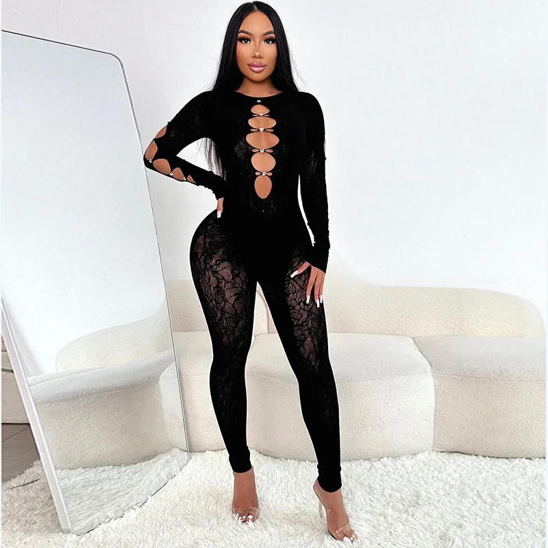 

2025 Spring Sexy Knitted Hollow Diamonds Skinny Jumpsuit Women Solid Black Full Sleeve Sheer Slim Spicy Girl Street Club Rompers