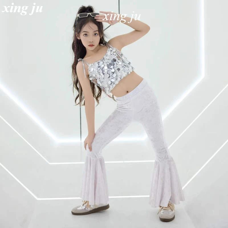 Kinderen Hip Hop Jazzdans Kostuum Meisjes Street Dance Zilveren Pailletten Sling Korte Tops Strakke Uitlopende Broek Kids Show Wear