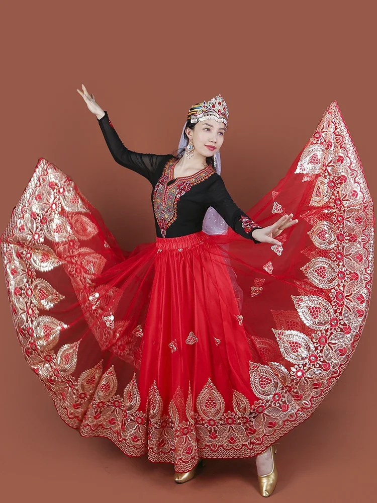 Xinjiang dance performance costume features mesh embroidery heavy industry skirt 720 big pendulum Uighur dance skirt 1 piece