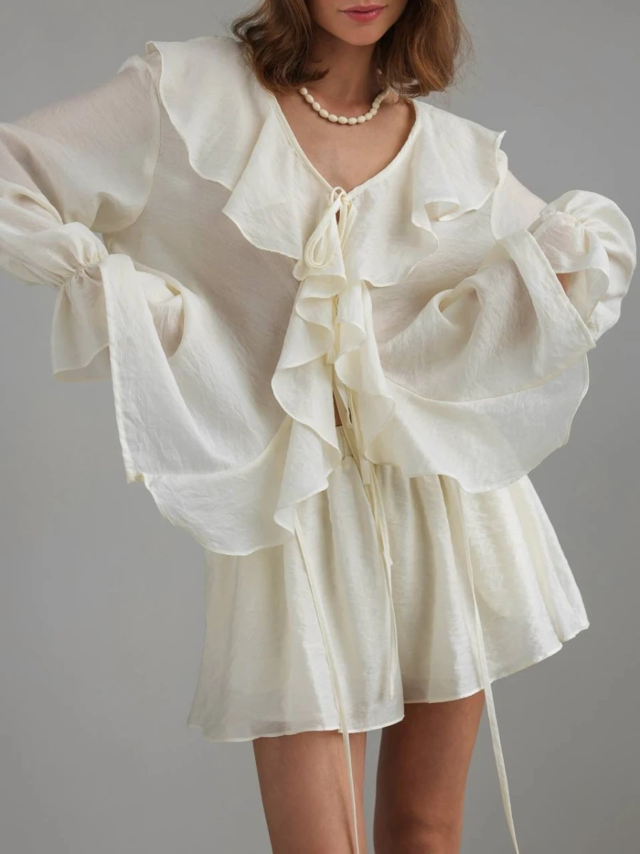 Blubelle Spring New Women's French V-neck Loose Ruffled Shirt Shorts Set Fashion Casual Long Sleeve Loose Shorts Two Piece Set