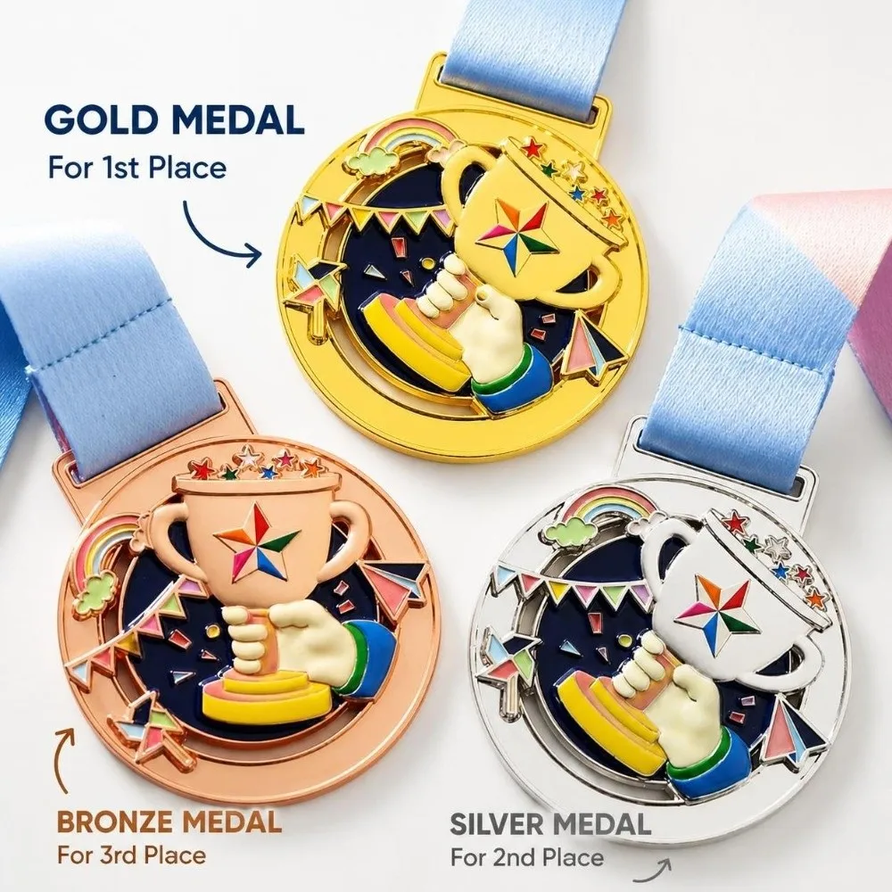 1Pc Gold Silver Bronze Children's Metal Medals 65mm with Neck Ribbon Award Medals Competition Medals