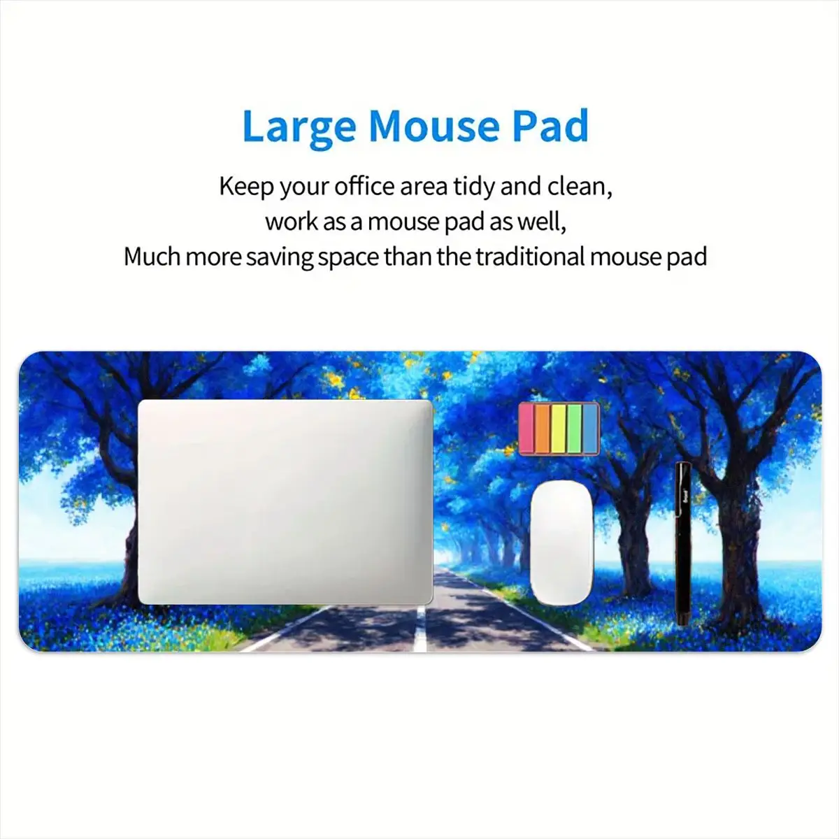 Scenic Blue Tree Lane Desk Mat, 31.5in x 11.8in, non-slip base, vibrant HD print, perfect for gaming and office use.