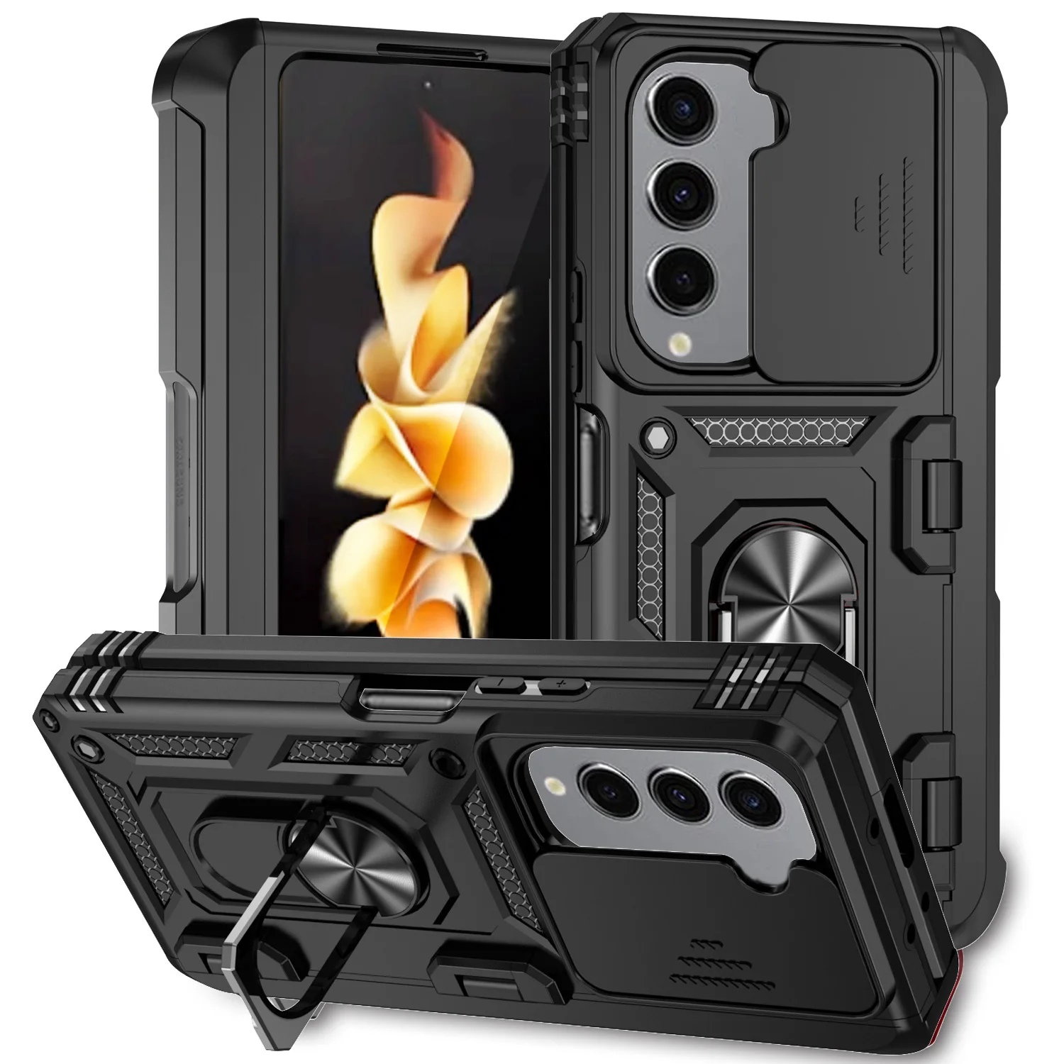 Military Armor Shockproof Case For Samsung Galaxy Z Fold 5 4 Metal Holder Slide Push Window Camera Lens Protection Back Cover