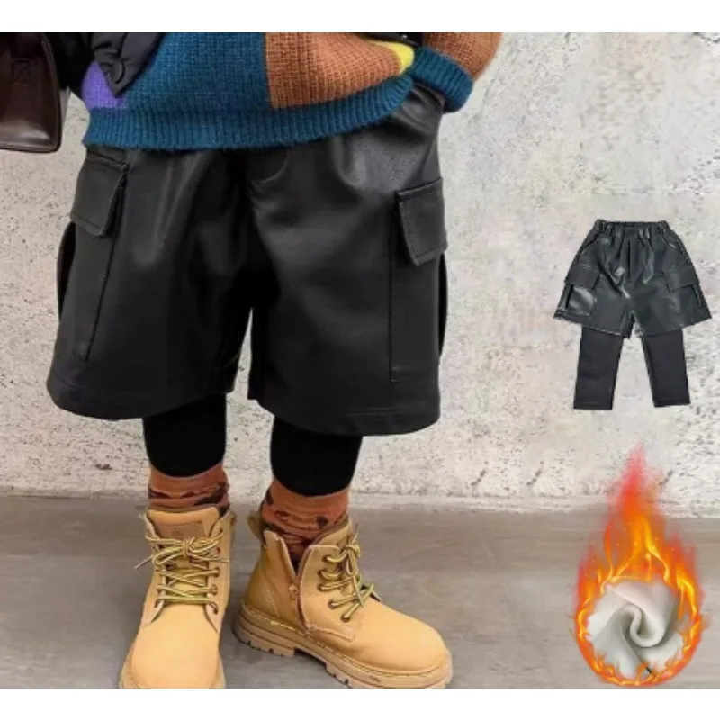 2025 Winter New Korean Children's Soft Sticky and Velvet Leather Pants for Girls, Handsome Motorcycle Side Pocket Work Clothes