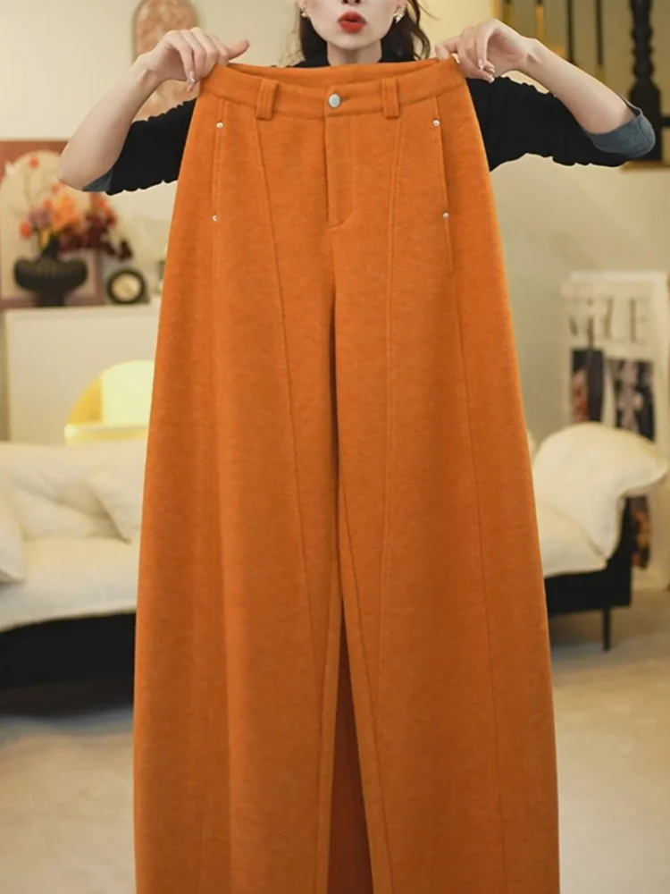 Pantaloni a banana a gamba larga a vita alta foderati in lana calda Fce Pantaloni a taglio dritto da donna Faion Commute Sle Colore puro coreano