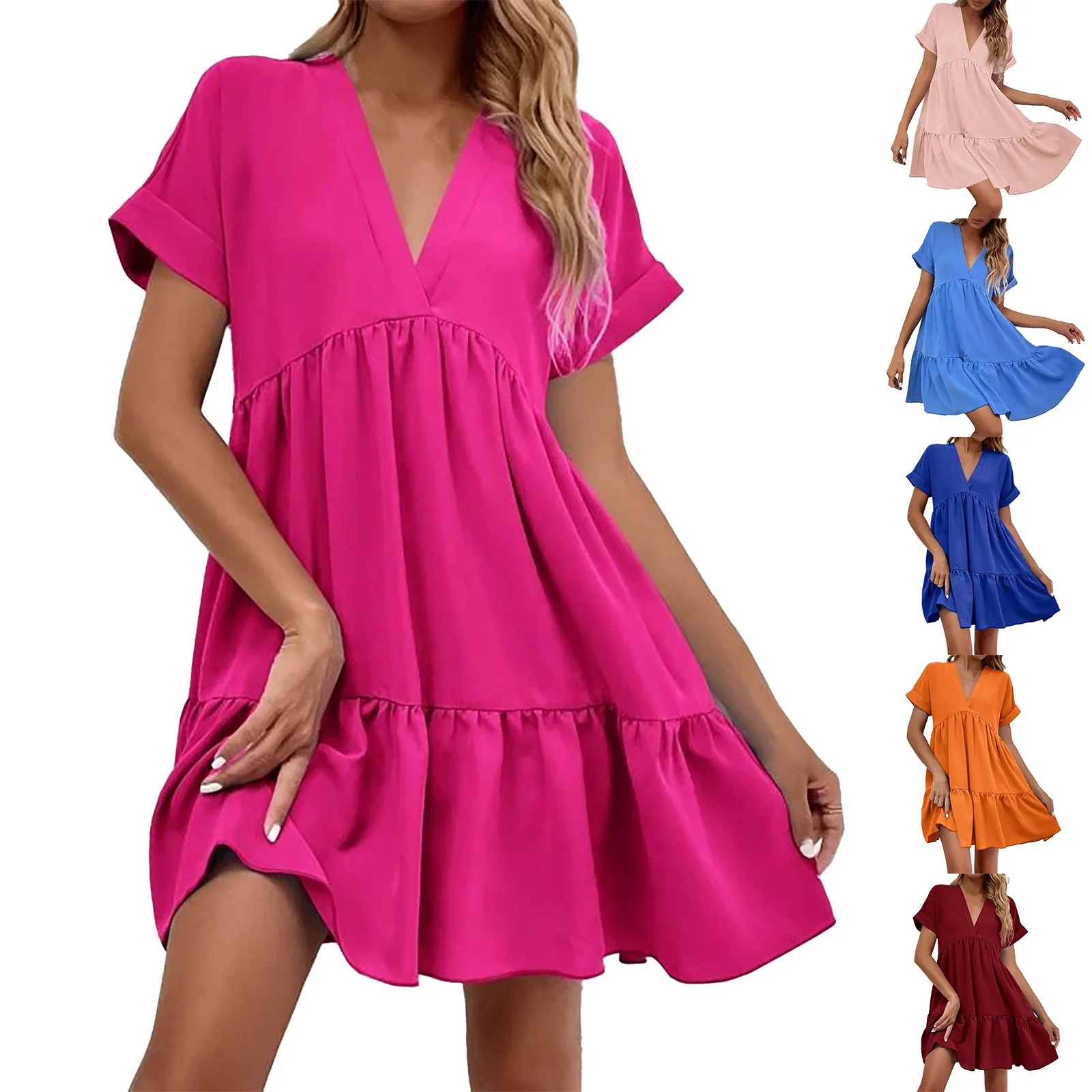 Pink Elegant Women Casual Beach Sundress Summer Solid Color Short Sleeve Mini Dress Lady Loose Party Big Swing Ruffles Dress