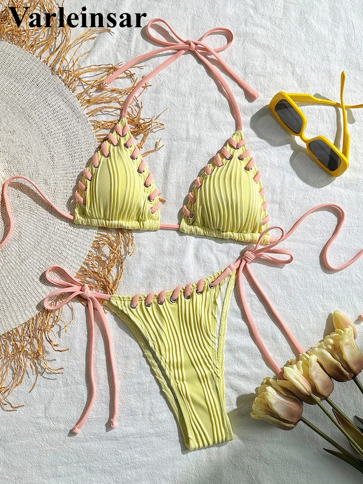 

8 Colors Halter Ribbed High Leg Cut Bikini Female Swimsuit Women Swimwear Two-pieces Bikini set Bather Bathing Suit Swim V5541Y