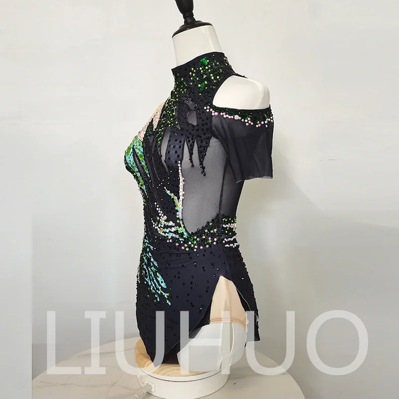 LIUHUO Leotardos de gimnasia rítmica personalizados para niñas y mujeres, ropa de baile con estampado verde de diamantes de imitación, monos de competición BD3194