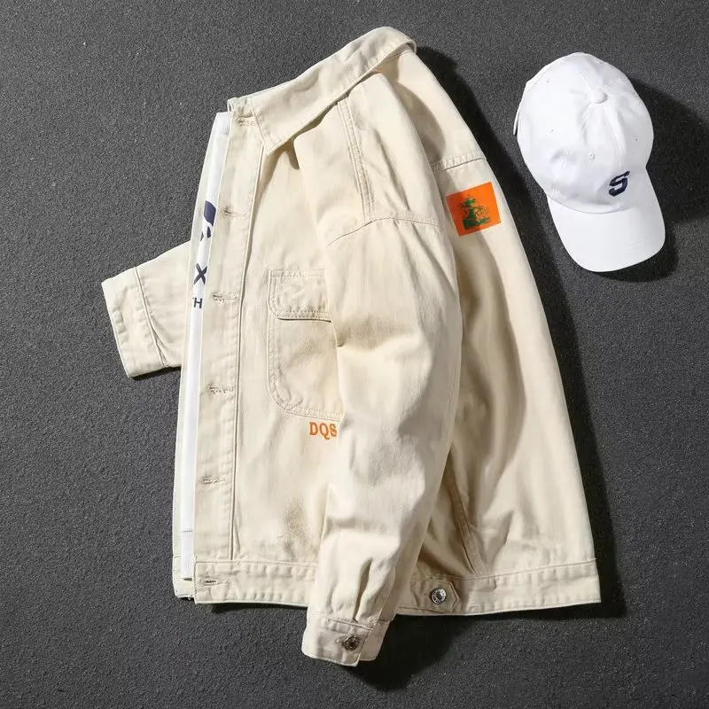 

Loose Men's Denim Jaet Spring Autumn Japanese Sle Printed Workwear Jaet Trendy Brand Cotton Polyester Blend Long Sve