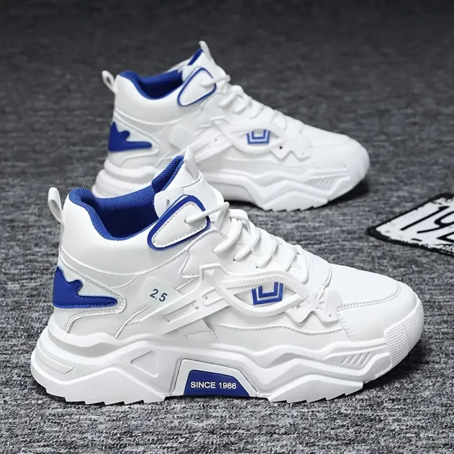 

Унисекс кеды для скейтбординга: белые и синие, средней высоты, на шнуровке, повседневные, с амортизирующей подошвой из ПВХ и поддержкой свода стопы, всесезонные