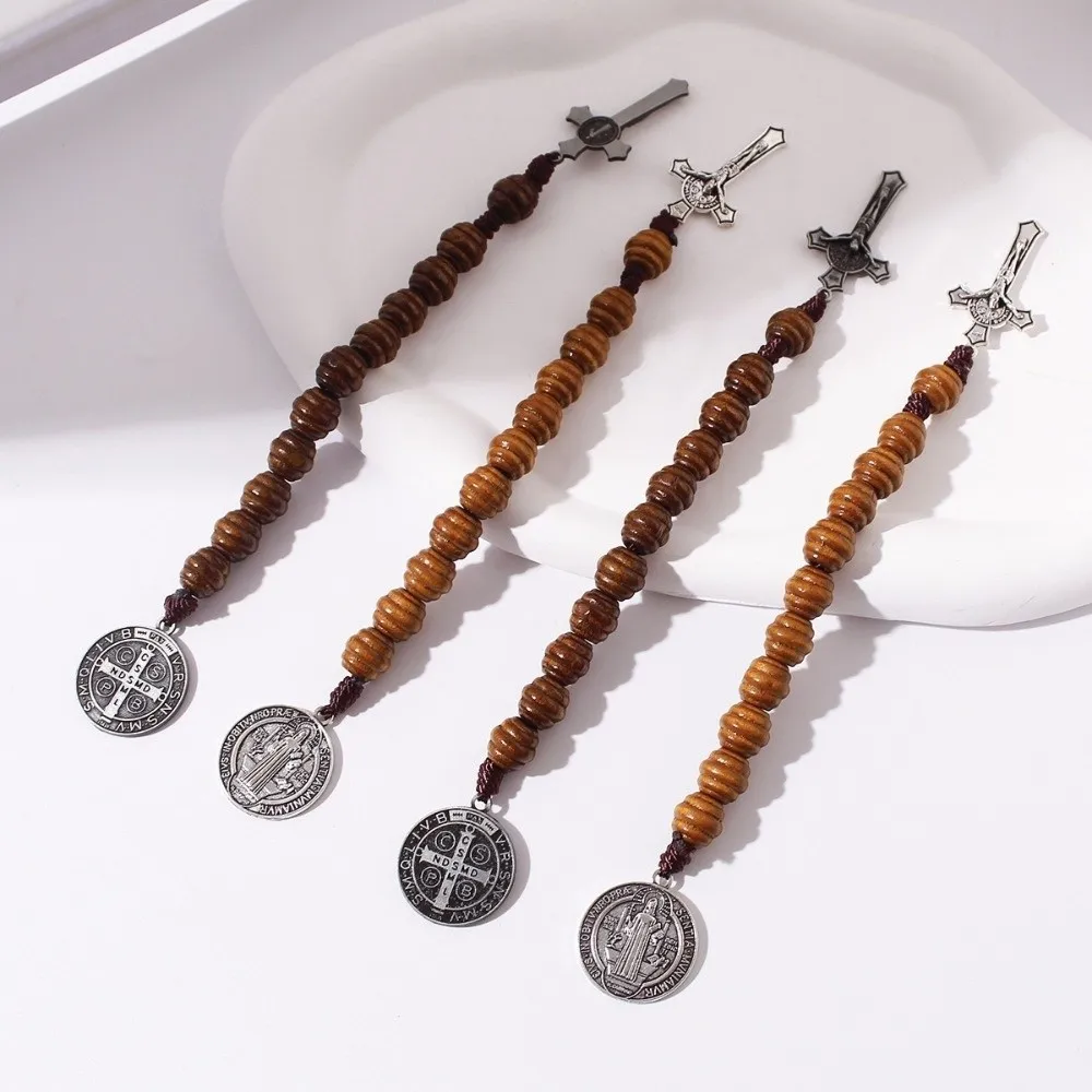 Vintage Saint Benedict Medal Prayer Alloy Wooden Prayer Beads Blessing Handmade Saint Benedict Rosary