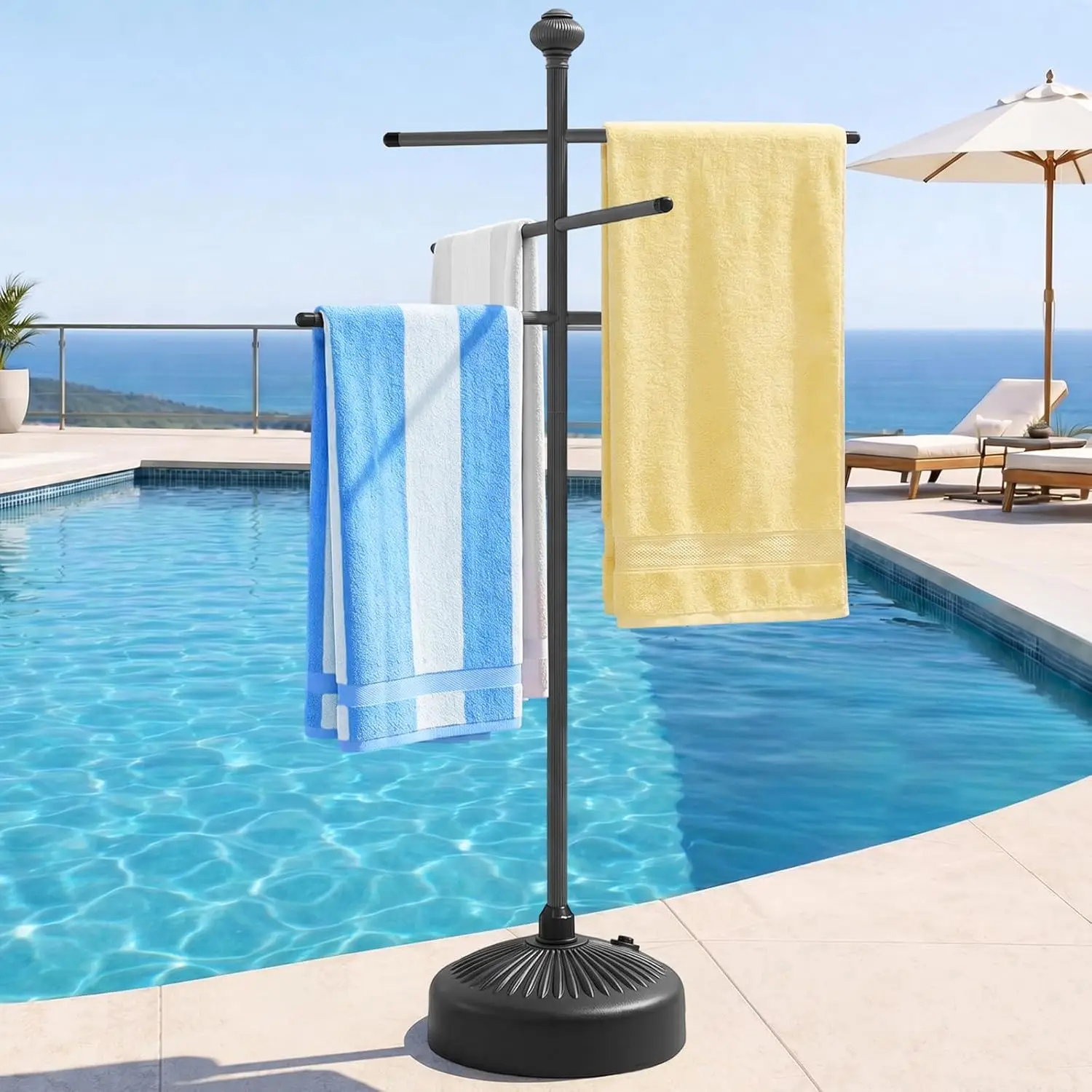 

Pool Towel Rack Outdoor, 59" Aluminum Holder with Wide Stable Base, 6 Adjustable Bars for Pool, Patio, Hot Tub & Spa – Gray
