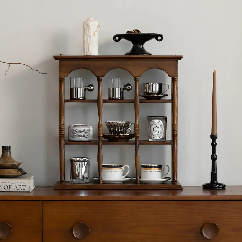 Vintage Storage Holders Wooden Coffee Cup Rack Living Room Desktop Organizer Minimalist Perfume Display Hollow Grid Stand
