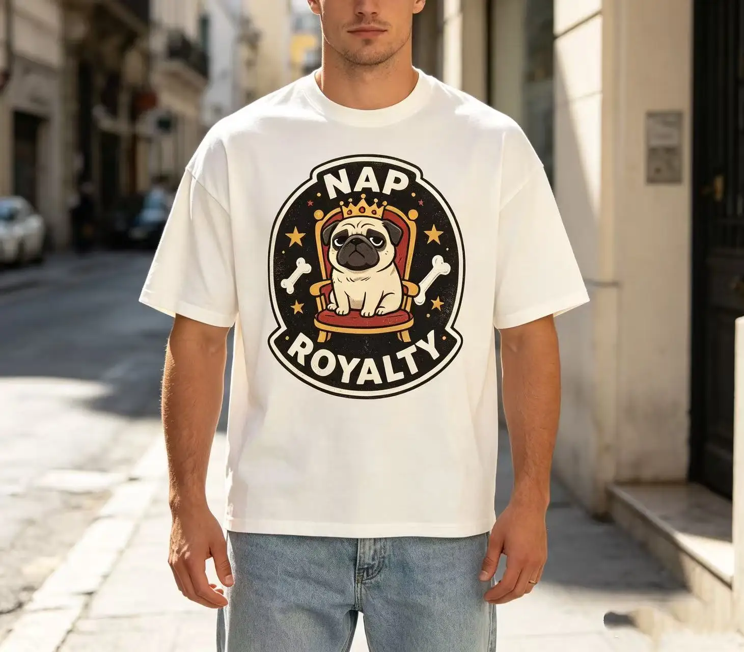 Unisex Nap Royalty Crown Pug Dog On Throne Bone Star Retro Badge Graphic T‑Shirt Men Women Cute Pet Animal Print Oversized Streetwear Tee