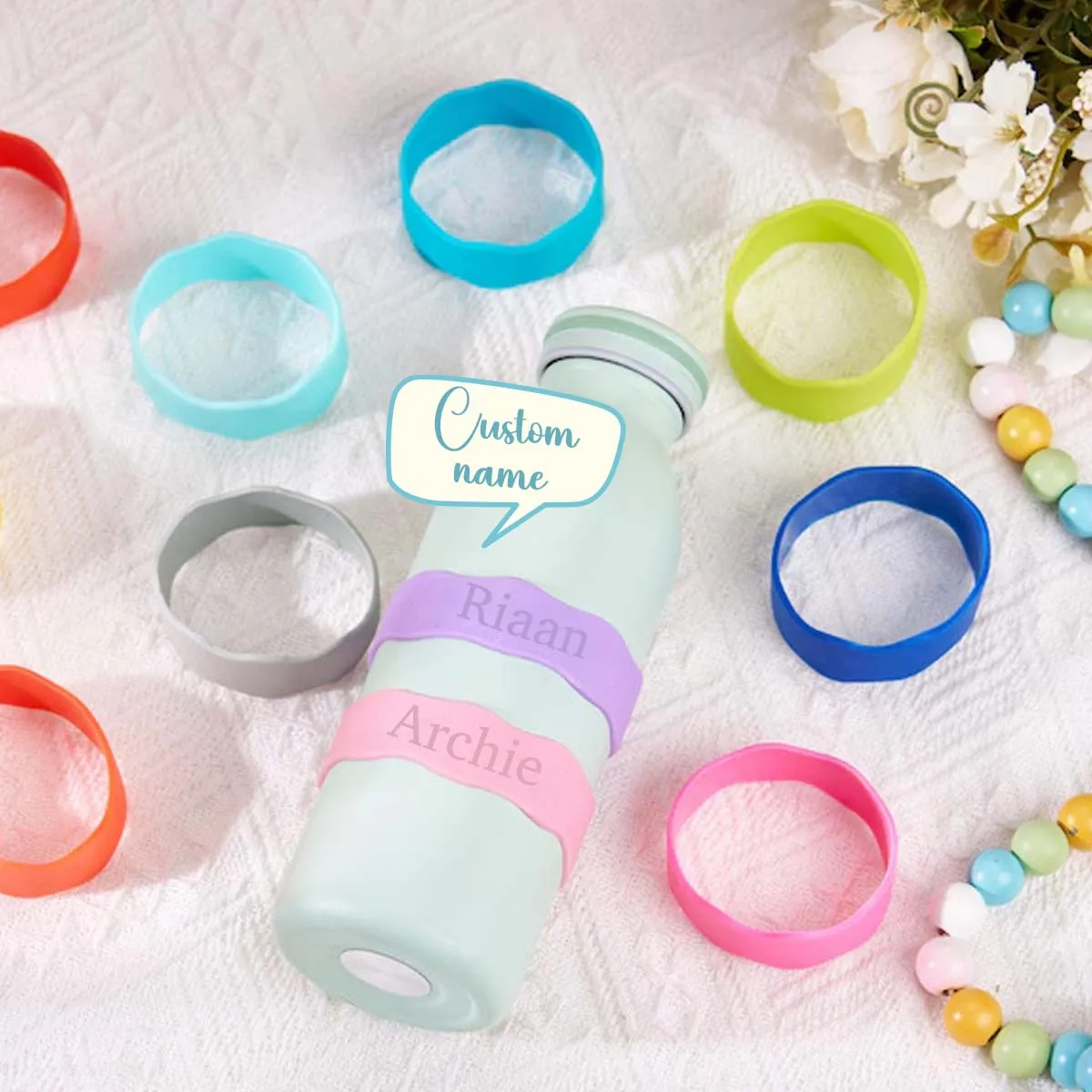 Custom Name Silicone Cup Sleeve Band Engraved Anti-Slip Tumbler Wrap Soft Flexible Colorful Water Bottle Grip Strap For Kids view 5