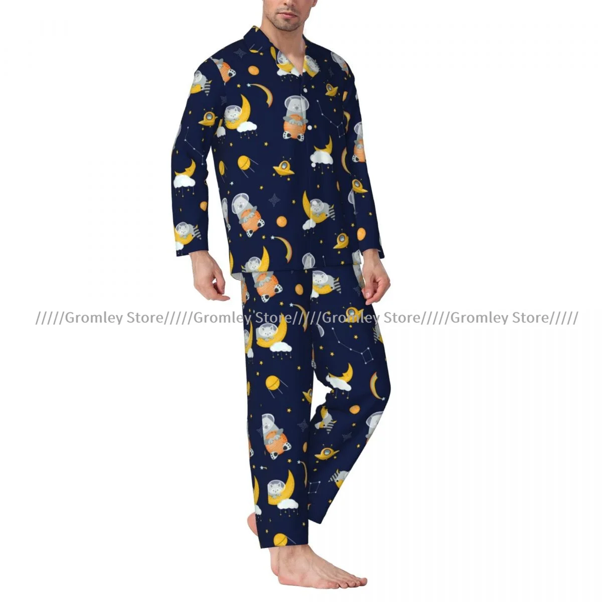 Men Pajama Sets Cute Astronauts Raccoon And Bear In Space Sleepwear Long Sleeve Nightwear Male Homewear